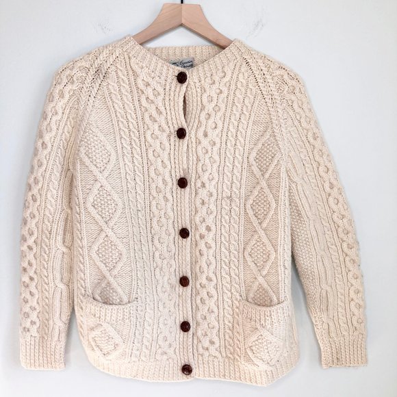 Vintage Hand Knitted Aran Irish Cable Knit Fisherman Cardigan Sweater Grandpa - Picture 5 of 5